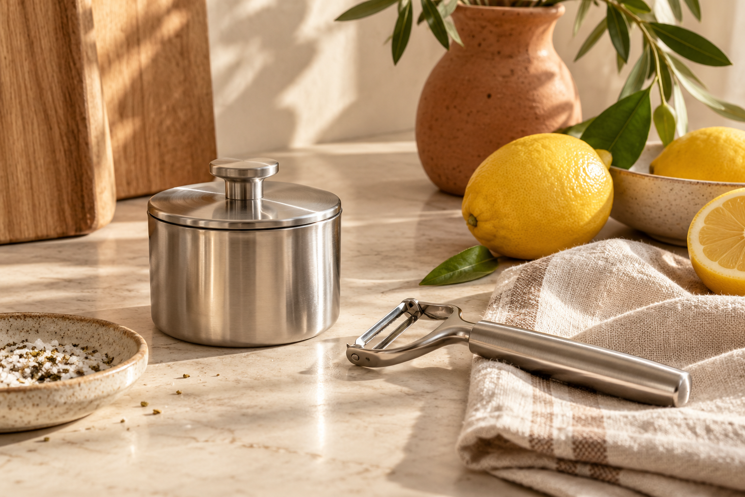 Warm kitchen still life with stainless steel utensils and lemons